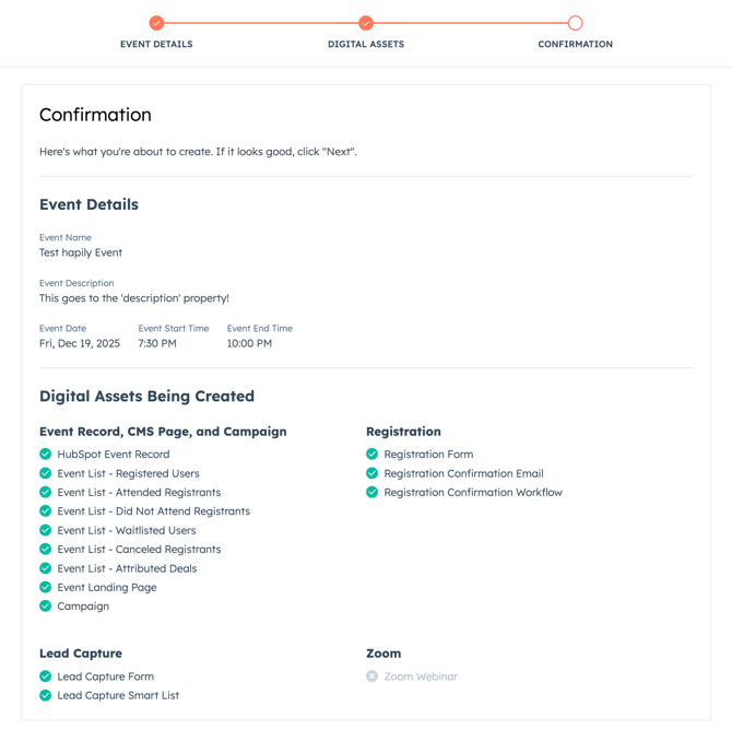 Event Builder Confirmation Page Example