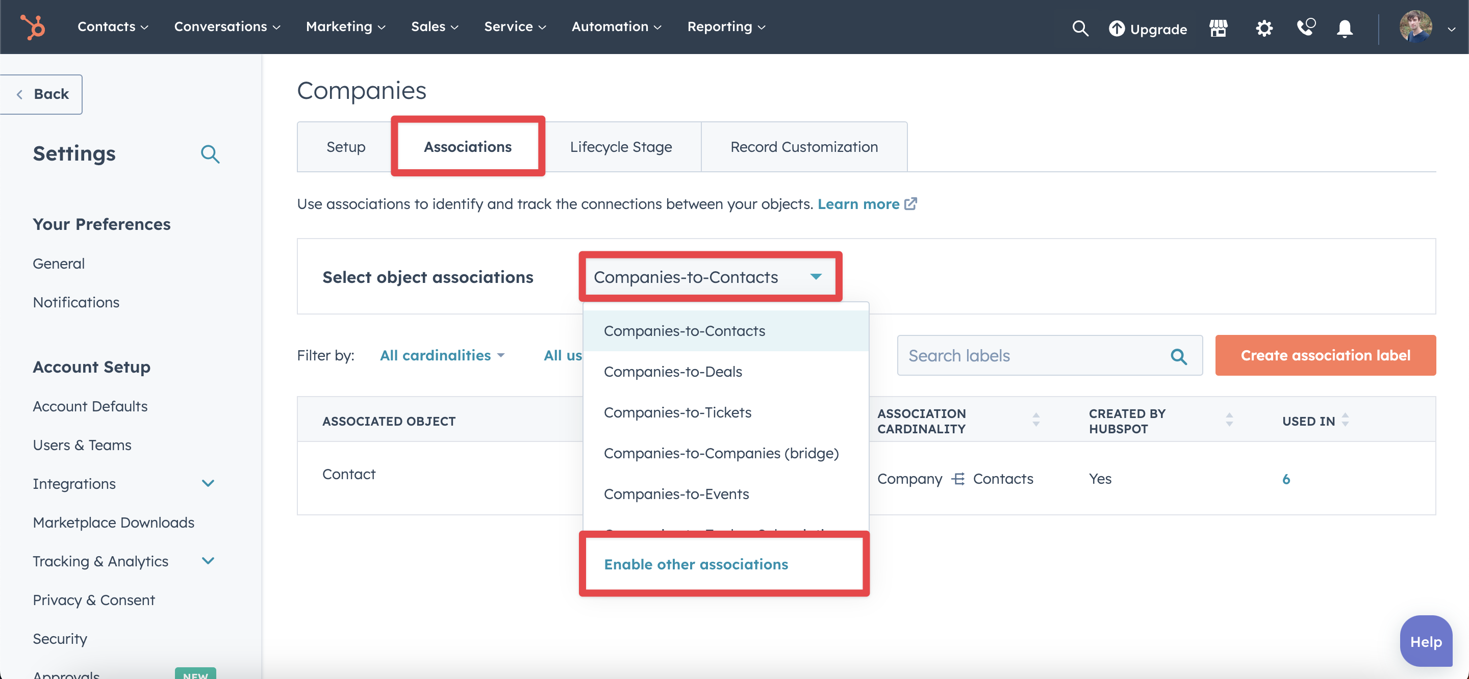 HubSpot How to enable associations